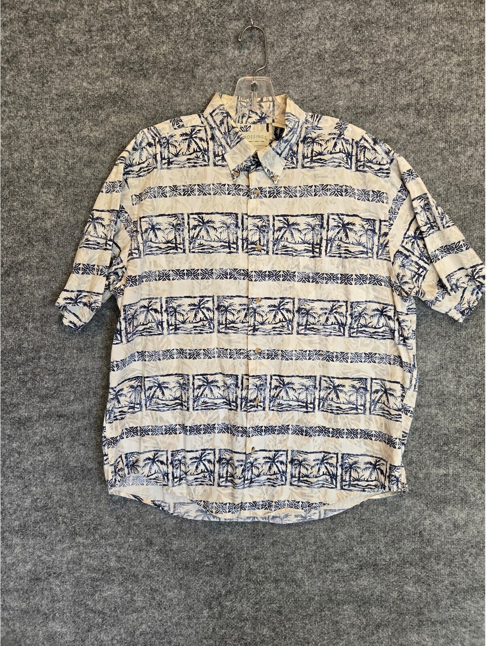 Crossings Men's Hawaiian Shirt Short Sleeve Palm Tree Block Print Blue Beige Lrg